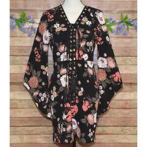 Venus Black Floral Lace Up Midi Dress Flared Sleeves Size M Sexy Bodycon Stretch